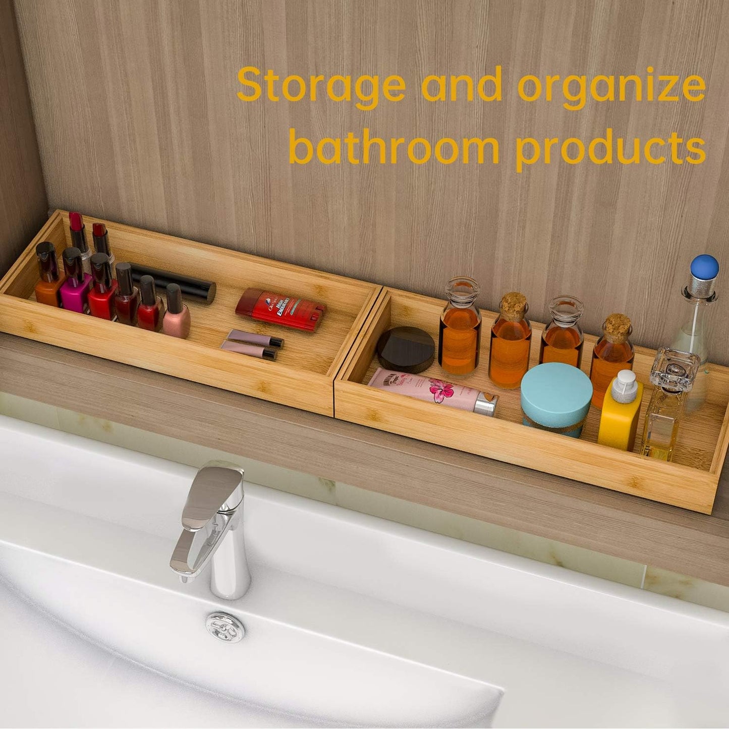 Drawer Organizer Storage Box Kitchen - Wood Stackable Tray Utensil Organizer for Office Drawers,Cabinets,Shelves,Pantry,or Bathroom Counter,Drawer Dividers for Silverware Set of 2（15x6x2.5inch）