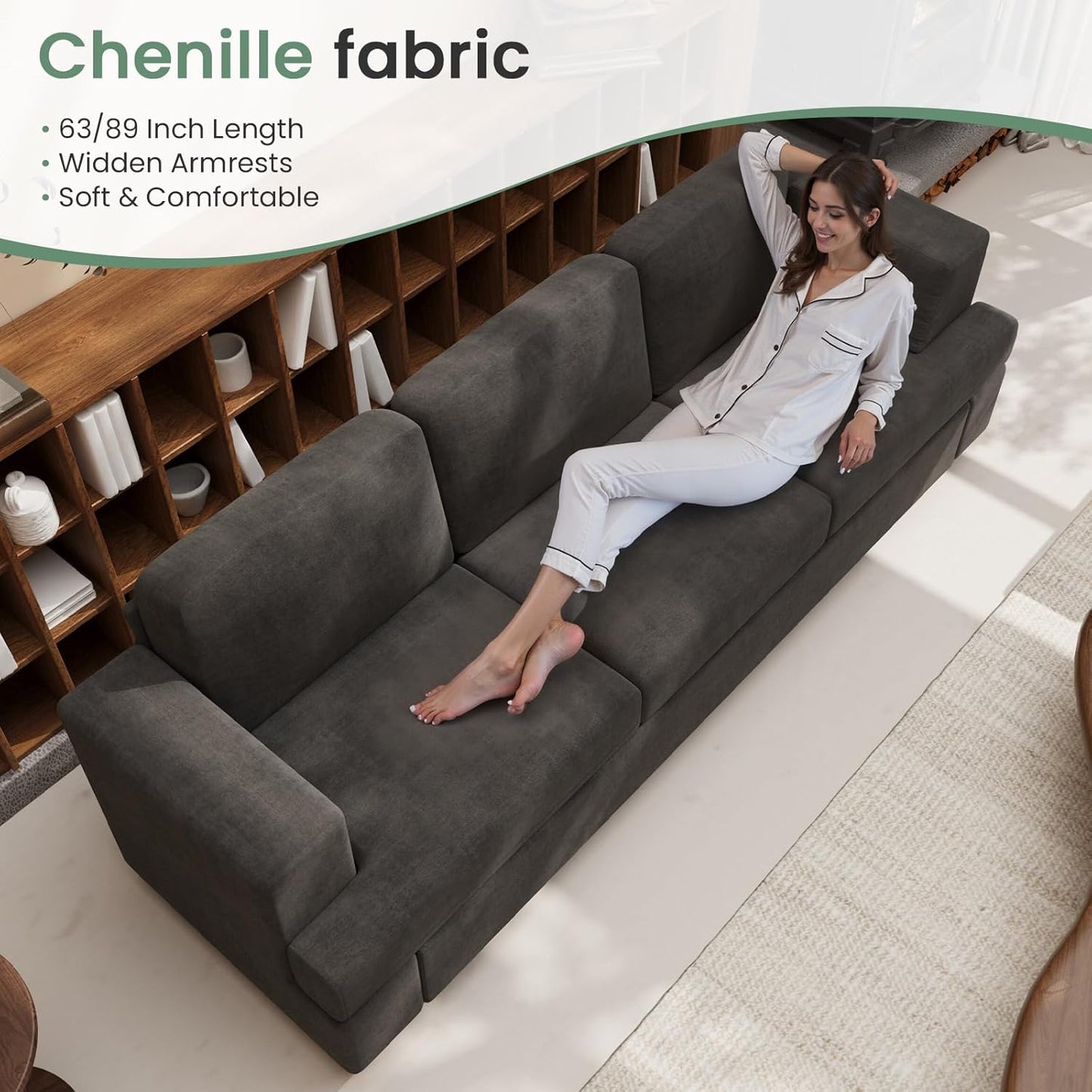 Sofa, 3 Piece Set Comfy Sofa, Loveseat & 2 3-Seater Couch with Deep Seats for Living Room, Modern Sleeper Couch, Dark Grey Chenille