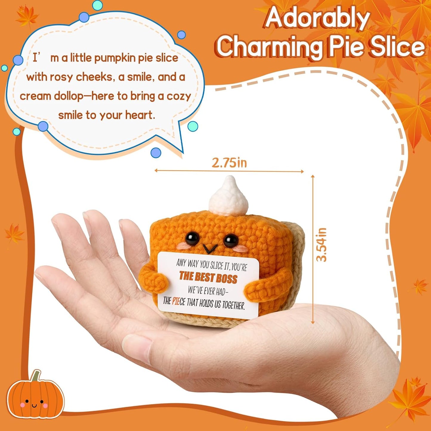 Crochet Pumpkin Pie Gift Idea for Boss – Funny Handmade Appreciation Plush with card “Best Boss” – Farewell Gifts for Women Men, Office Desk Decor, Mini Thank You Token for Manager, Supervisor, Leader