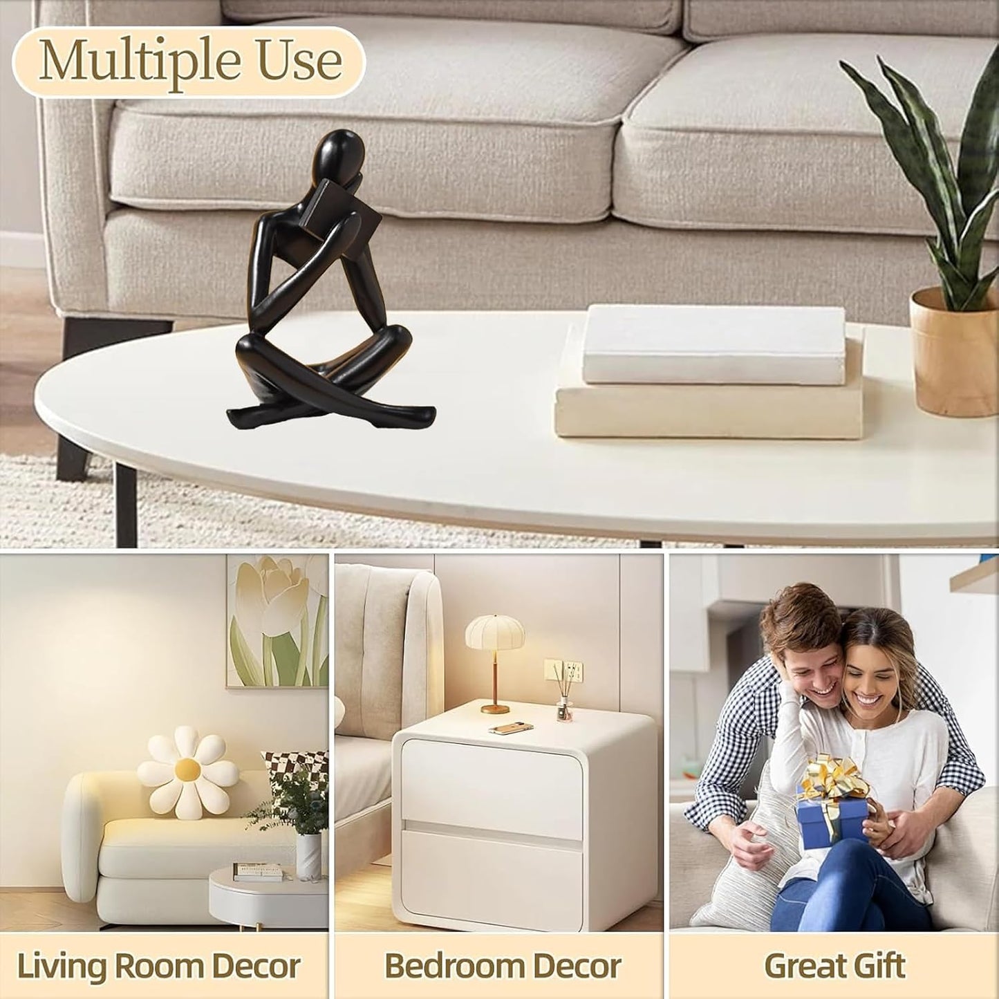 Bookshelf Decor Thinker Statue - Abstract Style Thinker Sculptures Modern Aesthetic Figurine Decoration Statues for Home Decor-Right Thinking-Black