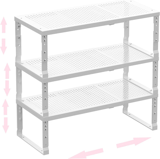 Metal Stackable Expandable Storage Shelf - Multi-Functional Home Storage Shelf, Suitable for Kitchen, Cabinet，Bathroom, Office, Garage, etc.（3PACKS/White/Medium
