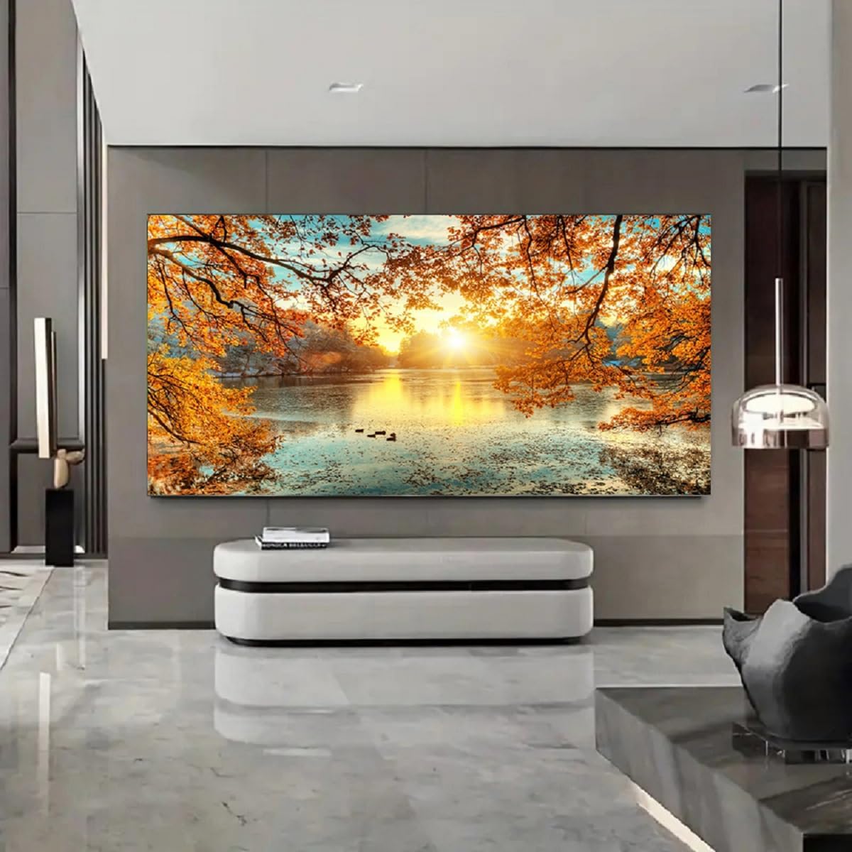 Yxbhhym-Landscape Tree Canvas Wall Art Fall Forest Sunset Wall Decor Poster Lake Water Pictures for bedroom wall décor Natural Scenery Paintings Artwork Large Living Room Decor Home Office Decoration