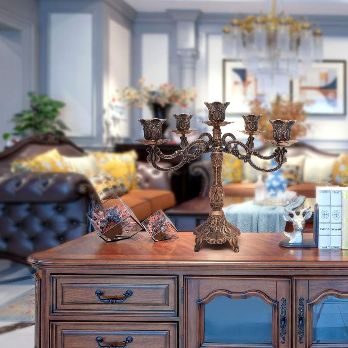 Metal Candelabra 5-Candle 10.1 Inch Tall Candle Holder Stick for Home Wedding Event and Party Festival,Red Bronze