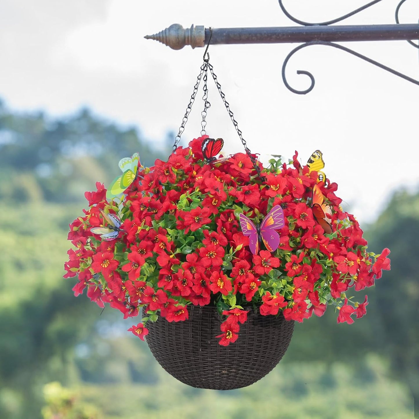 ‌20 Bundles Artificial Flowers for Outdoors‌ with 6 Faux Butterflies, UV Resistant ‌Fake Flowers‌ with Eucalyptus Leaves, ‌Artificial Plants Outdoor‌ for Patio Garden Porch Home Decor (Red)