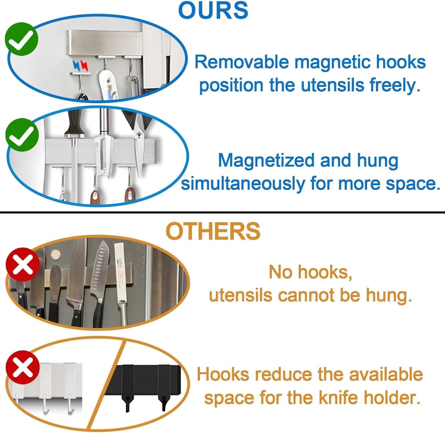 14 Inch Magnetic Knife Holder for Refrigerator - Knife Magnetic Strip for Fridge with Magnetic Hooks - Double Sided Magnetic Knife Bar - Stainless Steel Kitchen Magnetic Knife Hanger Rack