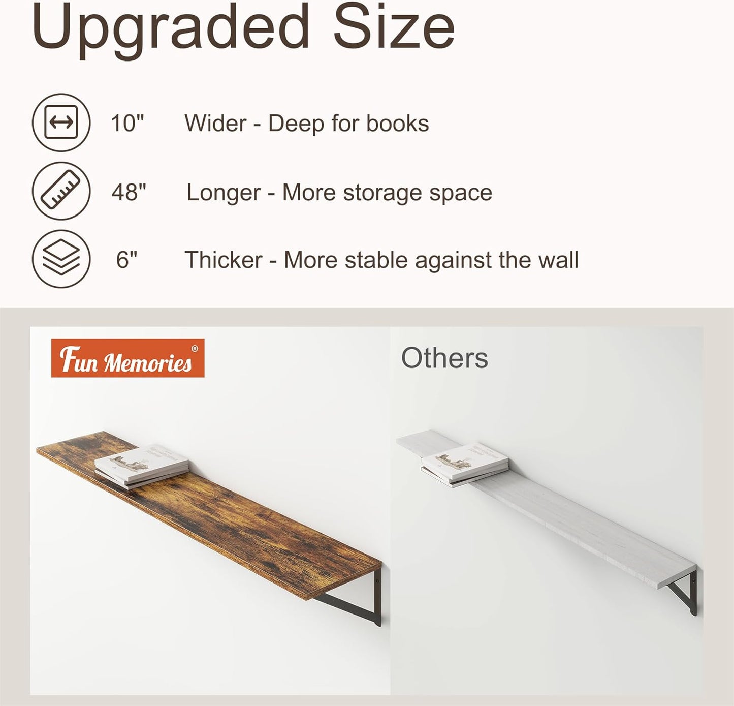 Floating Shelves 48 Inch Long, 10" Deep Floating Shelves, Wall Shelves 48 x 10, Set of 2, Wide Large Display Storage Shelves for Bathroom, Living Room, Rustic Wood Shelves with Brackets, Rustic Brown