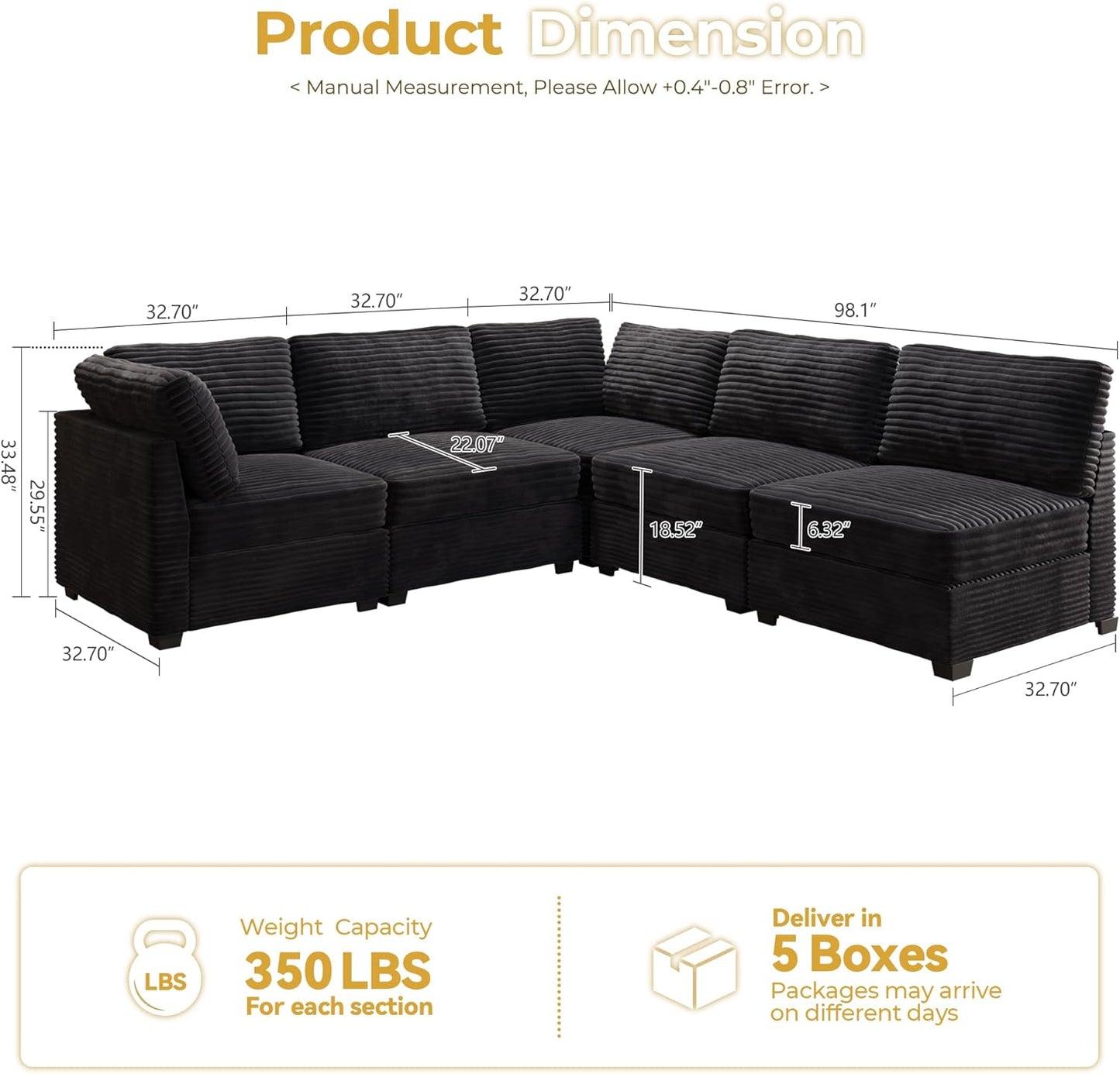 HOOOWOOO Modular Sectional Sofa,5 Pieces Sectional Couches for Living Room,98X98 L Shaped Cloud Couch Set(Black Velvet Corduroy)