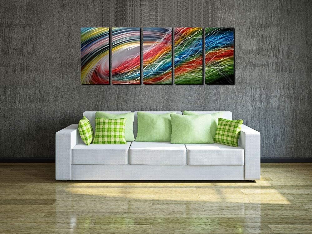 Panel Metal Wall Art with Colorful Wave Lines Design, Abstract Modern and Contemporary Décor, Unique Metal Wall Sculpture, Silver Aluminum Artwork, Indoor and Outdoor decoration, 5 panels 64"x24"