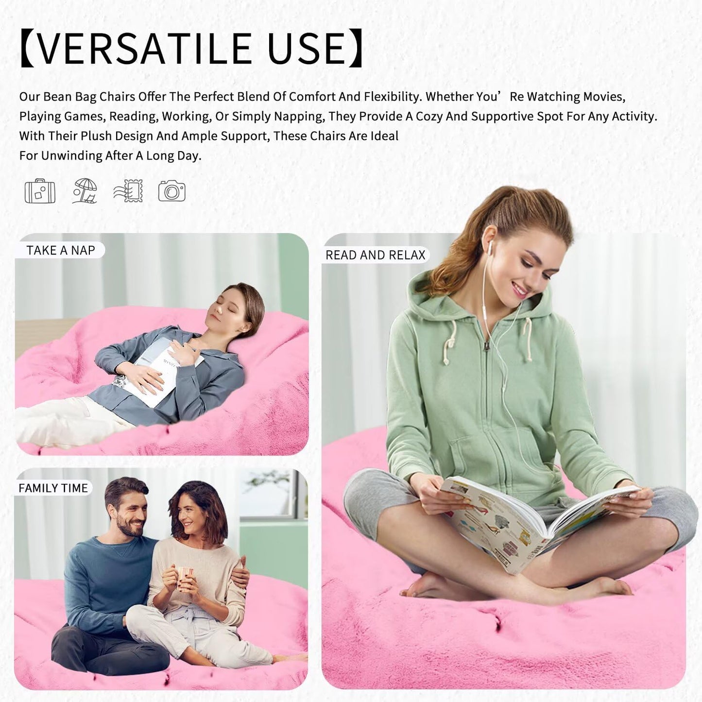 Bean Bag Chair for Adults 8FT,Soft Removable Cover for Teens/Girls Bedroom,Fluffy Giant Round Floor Beanbag Lounger Chairs (No Filler,Pink)