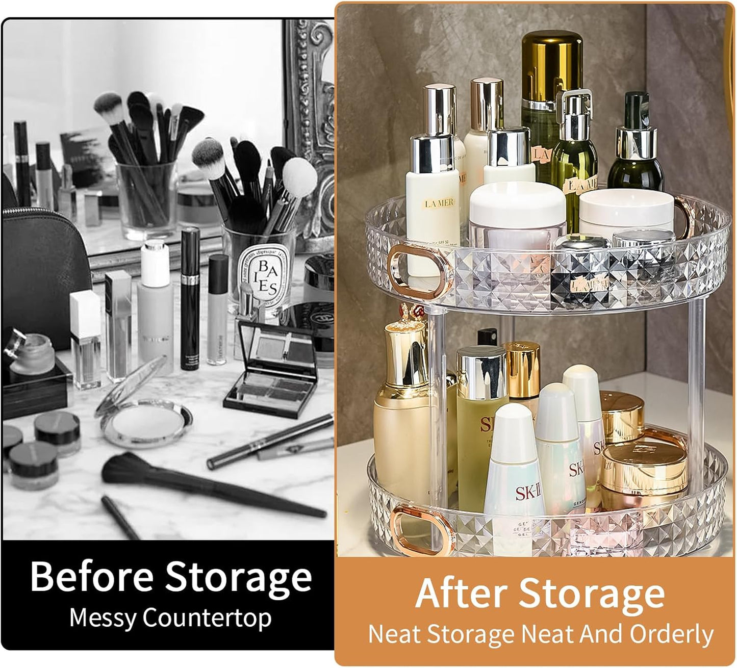 Wesoke 2 Tier Lazy Susan Turntable Cupboard Organiser, Large Rotating Kitchen Spice Rack Spinning Condiment Seasoning Organizer, Detachable Revolving Bathroom Makeup Tray Holder for Cabinet Fridge