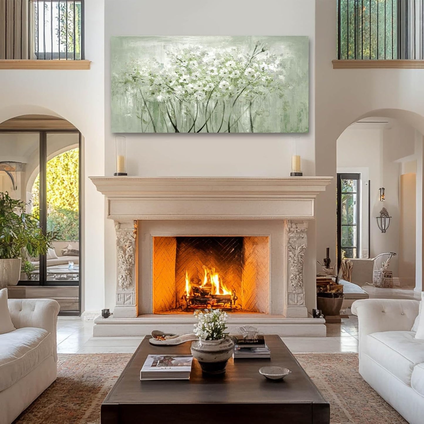 MLART99 Modern Artwork Wall Decor White Flowers Picture Art 24"x48" Plant Wall Art Decorations for Living Room Office