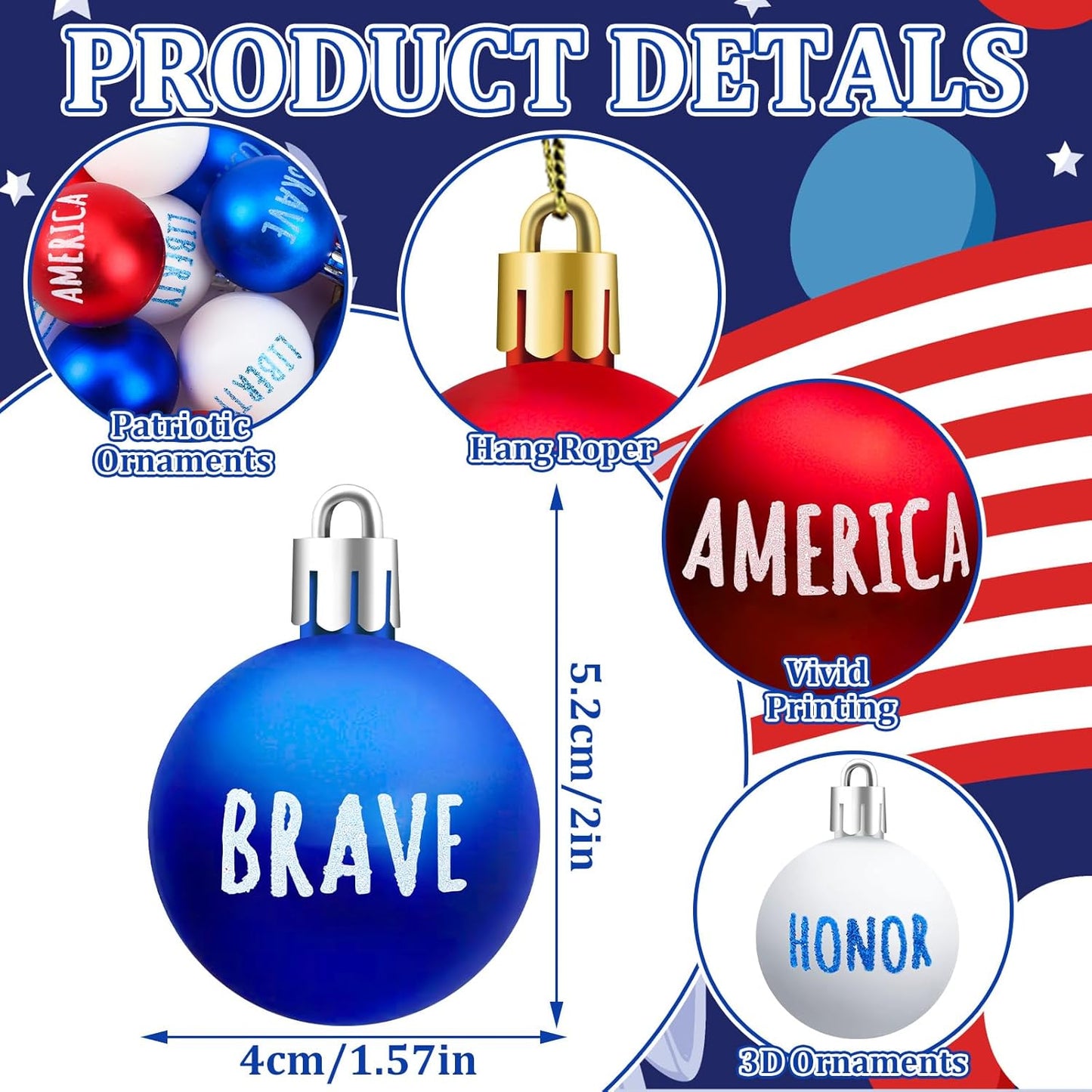 JULMELON 24Pcs 4th of July Patriotic Hanging Ball Ornaments Memorial Day Independence Day Labor Day Hanging Decorations for Home Party Christmas Tree Decor, Blue Red and White