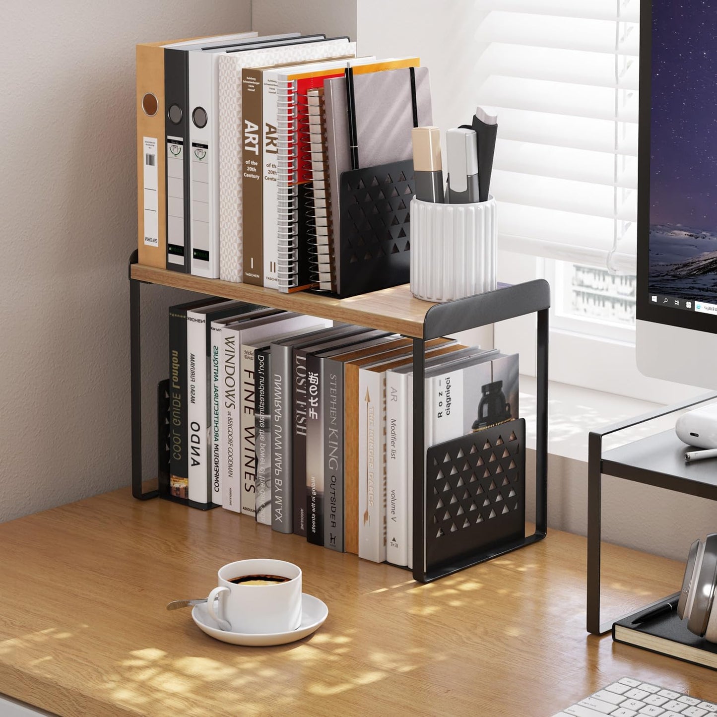 Mitus Shelf Organizer and Storage, Tiered Wood Cabinet Rack for The Kitchen Counter, Bathroom Counter, Pantry Cupboard, Office Desk Bookshelf, 16" Wide Natural and Black