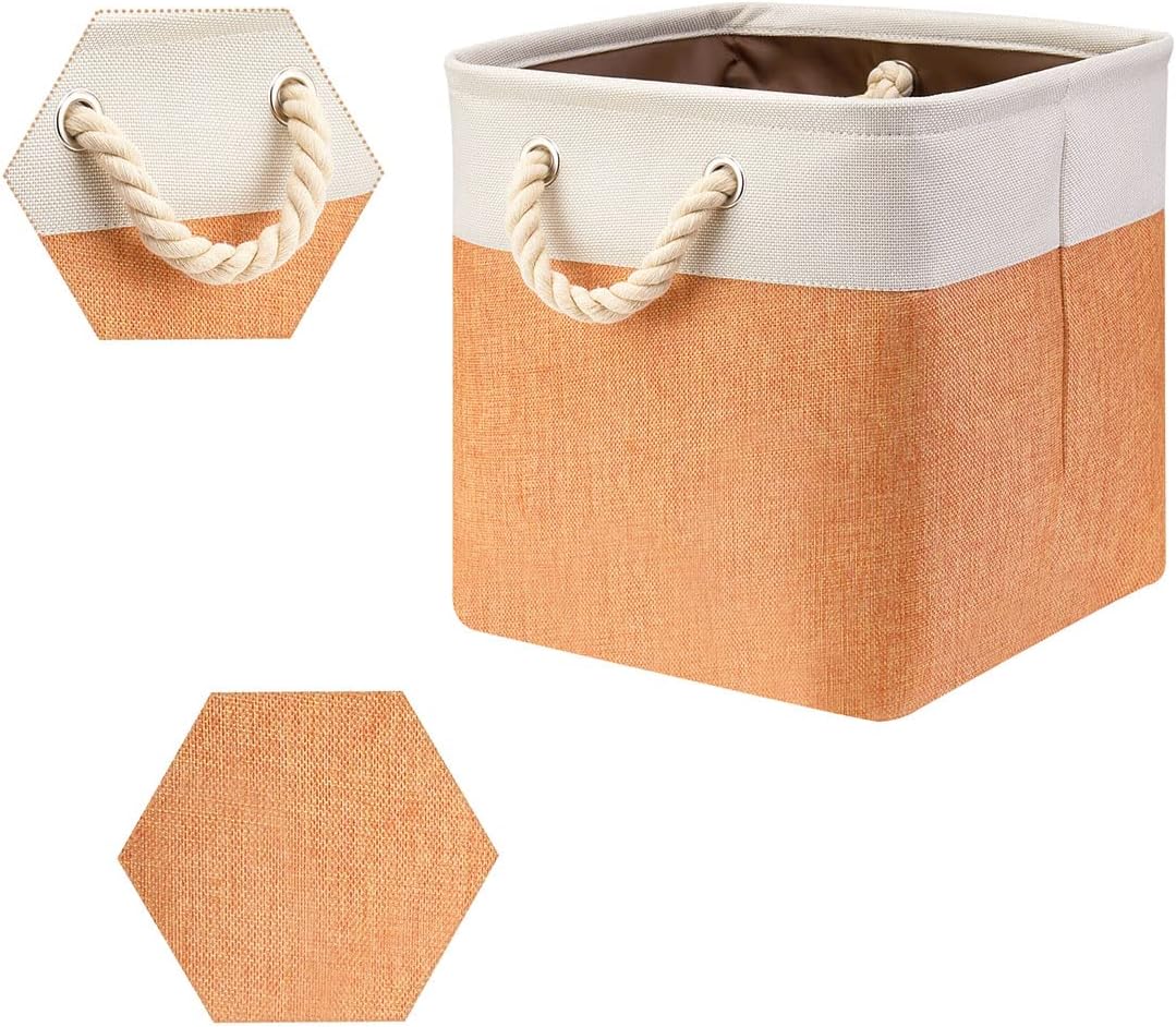 i BKGOO 3Pack Large Foldable Storage Bins，Collapsible Sturdy Cationic Fabric Organizing Storage Basket Cube with Cotton Handles for Home Office Shelf Clothes Toys Beige-Orange 13×13×13 inch