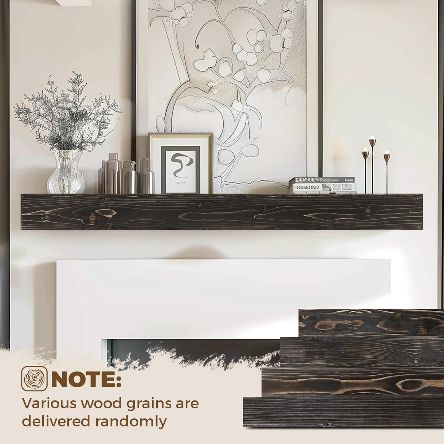 60x8x3 Fireplace Mantel - Handcrafted Hollow Rustic Solid Wood Wall Mounted Floating Shelf with Invisible Heavy Duty Wood Bracket (Weathered Black)