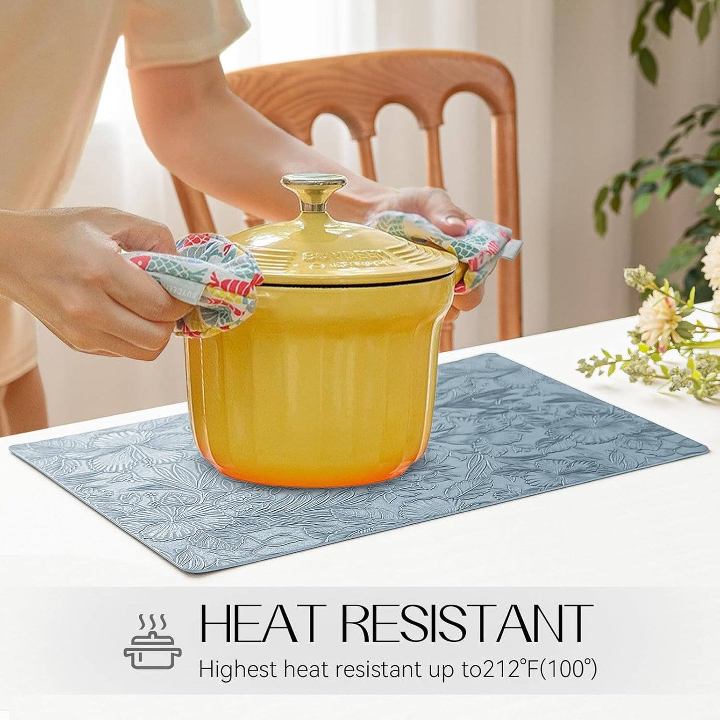 Romanstile Vinyl Placemats Set of 8-12 X 18 Inch - Heat Resistant Non-Slip Embossed Floral Place Mats 100% Waterproof Oilproof Wipeable Faux Leather Table Mats for Kitchen/Dining/Party, SkyBlue