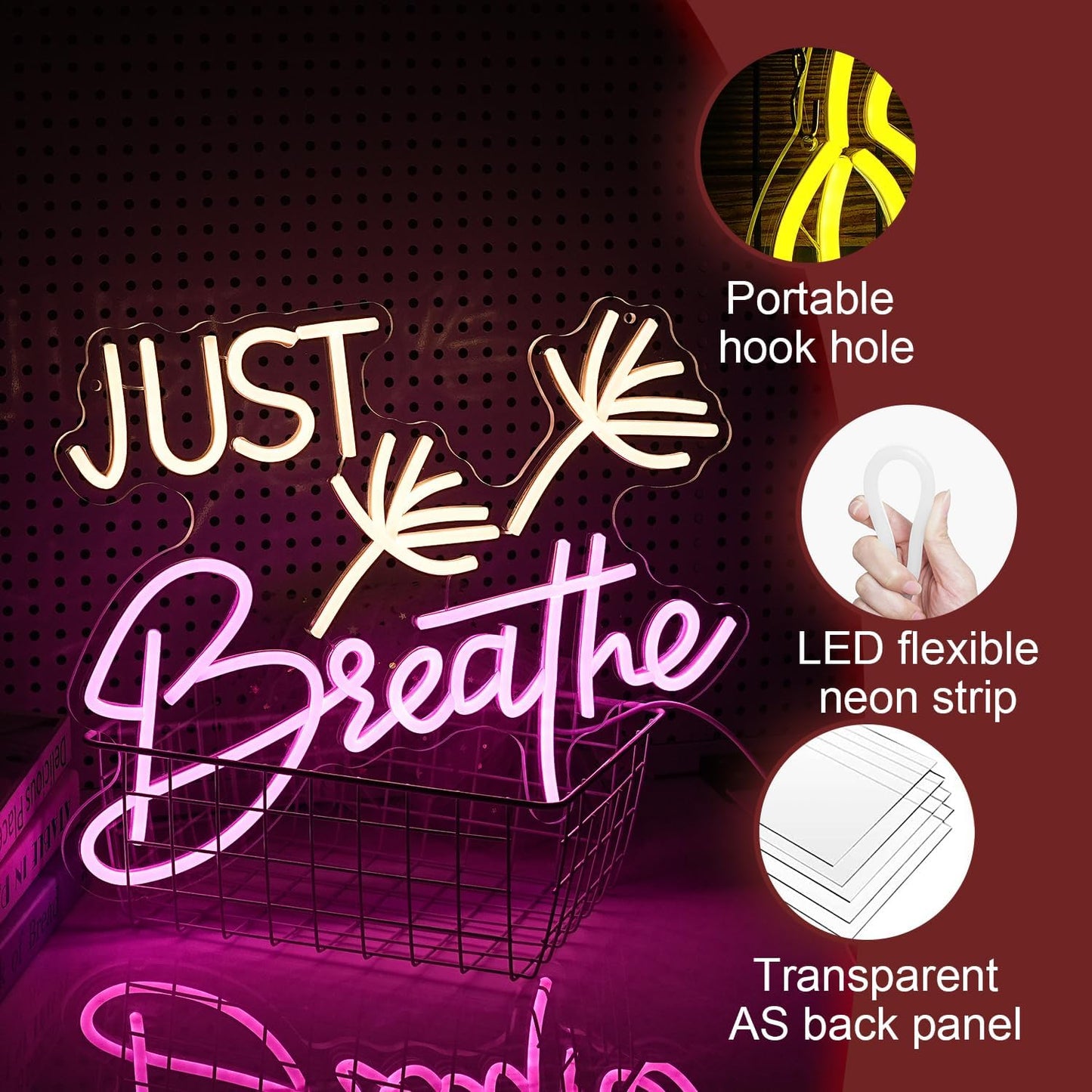 Just Breathe Neon Sign Dimmable Breathe Neon Signs Light Up Sign for Wall Decor LED Letters Neon Light by USB for Bedroom Yoga Studio Gym Reading Room(12.6 * 16.5In)