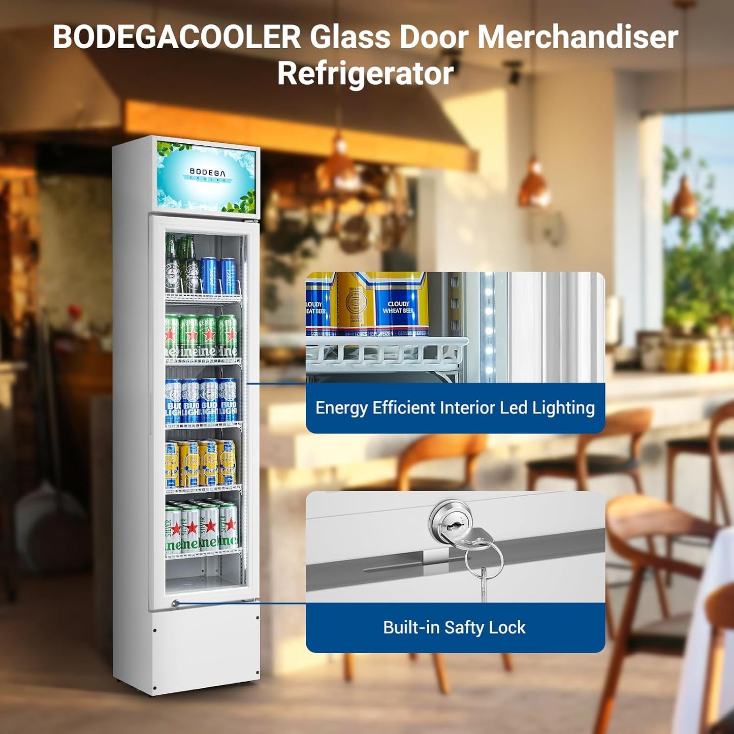 BODEGACOOLER 5.7 Cu.Ft Commercial Beverage Refrigerator,Commercial Cooler Refrigerators Glass Door Display Fridge for Bar,Drink,Tall Drink Cooler for Parties,Slim Single Door Display Fride