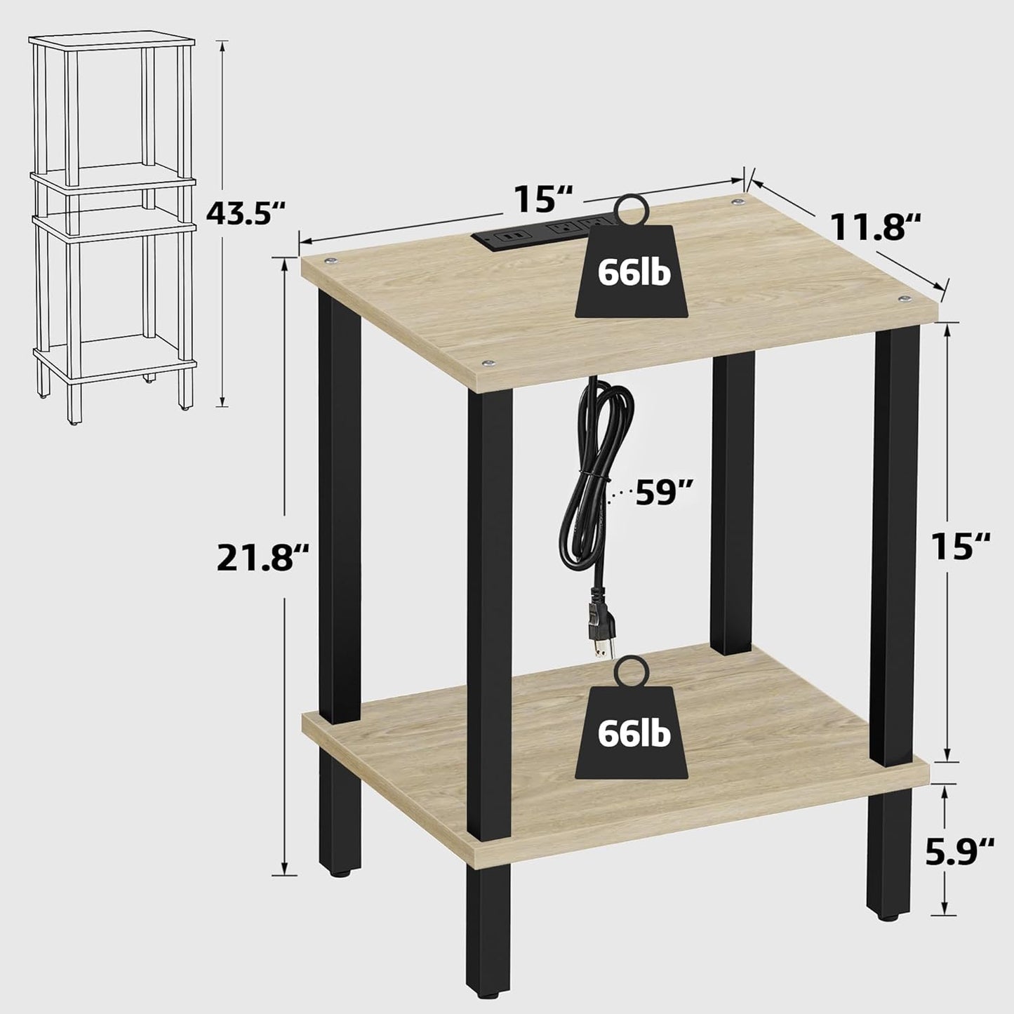 TUTOTAK End Table with Charging Station, Small Side Table with Outlets, Nightstand Bedside Table, 2-Tier Storage Shelf for Small Space, Living Room, Bedroom, Oak TB01BO040