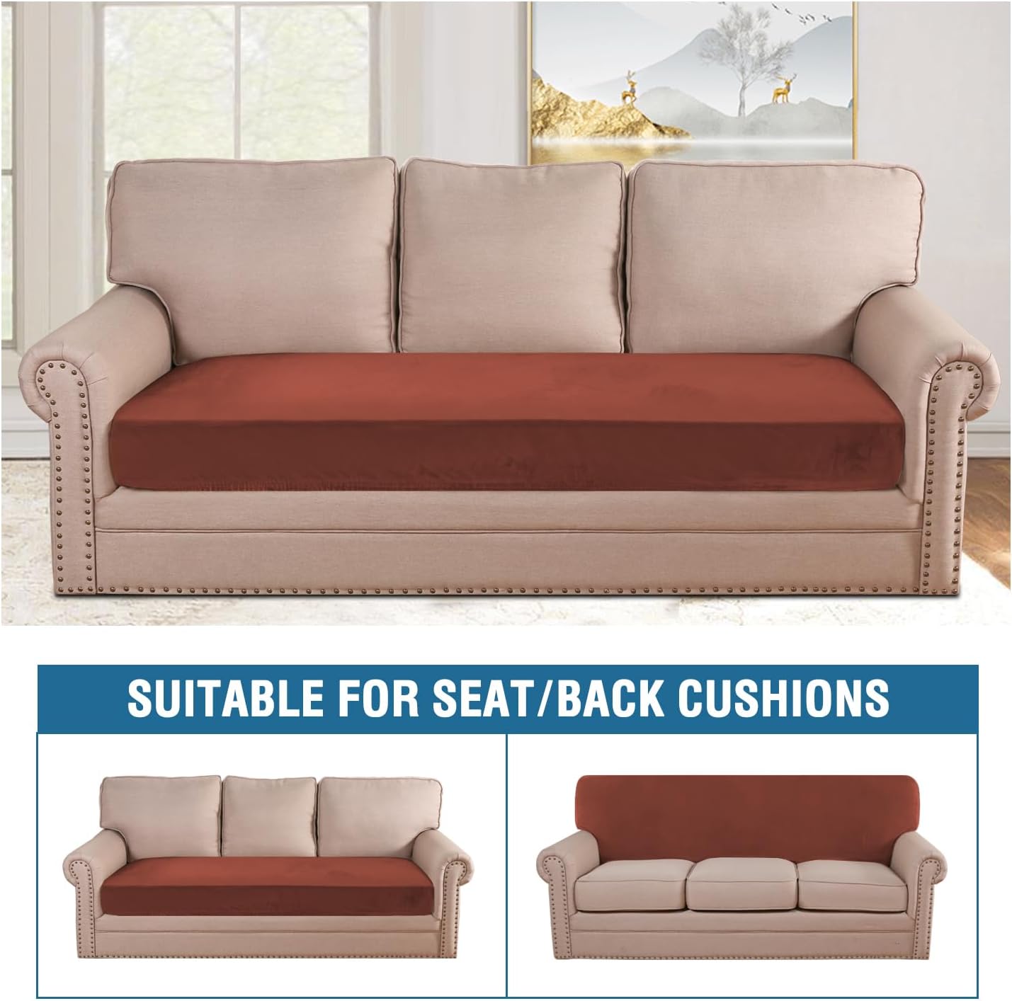 H.VERSAILTEX Velvet Stretch Individual Couch Cushion Cover Plush Cushion Slipcover for Loveseat Sofa Cushion Furniture Protector Seat Cushion Sofa Cover (1 Piece Sofa Cushion Cover, Rust)