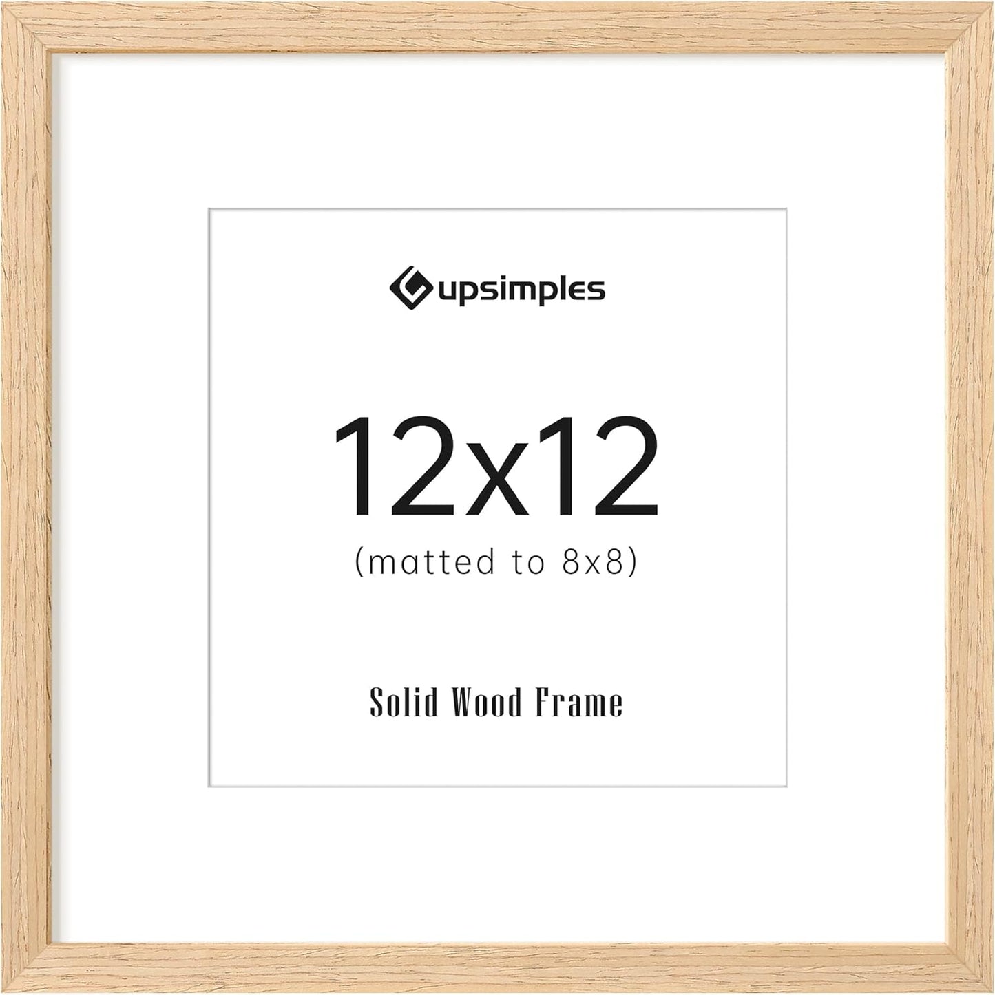upsimples 12x12 Frame, Natural Solid Wooden Picture Frames, Display 8x8 with Mat or 12 x 12 Without Mat, Wall or Tabletop, 1 Pack, Natural