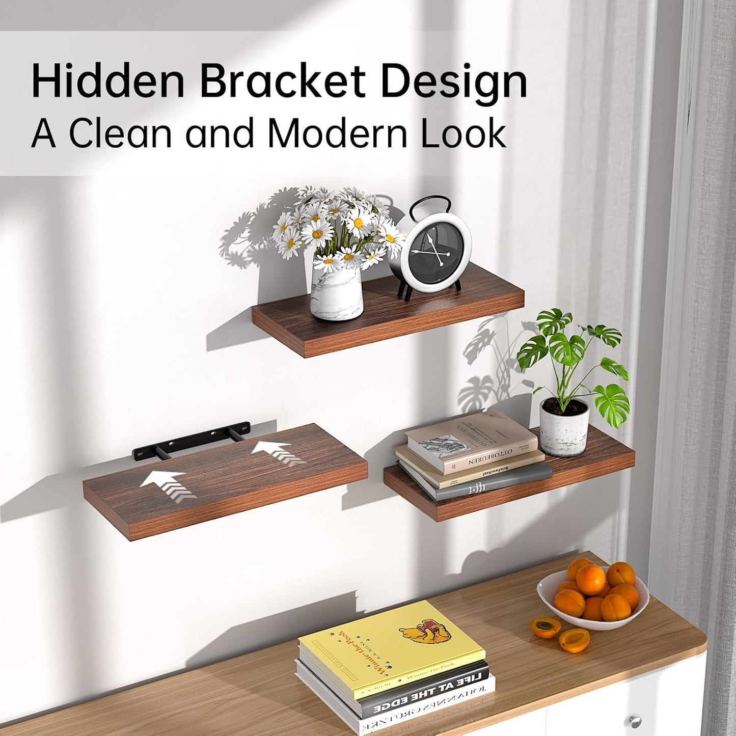 BAYKA Floating Shelves for Wall, Wall Mounted Rustic Wood Shelves for Bathroom, Bedroom, Living Room, Kitchen,Small Hanging Shelf for Books/Storage/Room Decor (Walnut-Like, Set of 3, 15.7in)