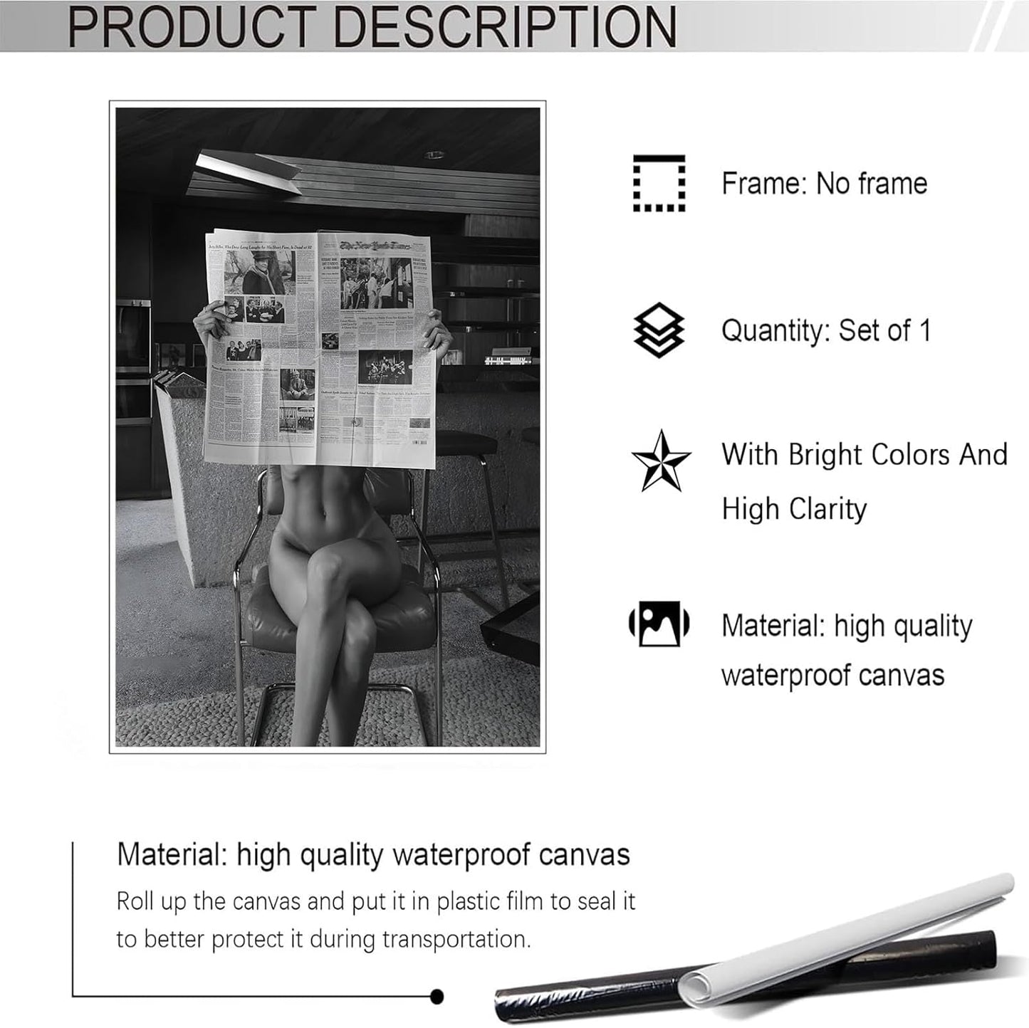 Liyark Sexy Glamorous Reader Poster Feminist Art Black and White Preppy Canvas wall art Retro Room Aesthetic Newspaper prints painting Trendy Naked Women Art wall decor 24x36in Unframed