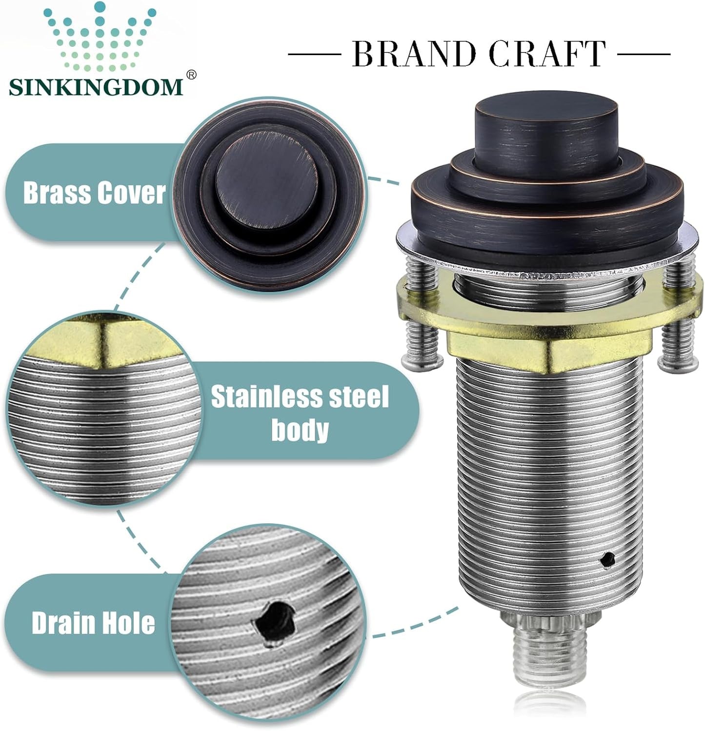 SinkTop Air Switch Kit (Long Full Brass Button) for Garbage Disposal, Cordless Oil Rubbed Bronze