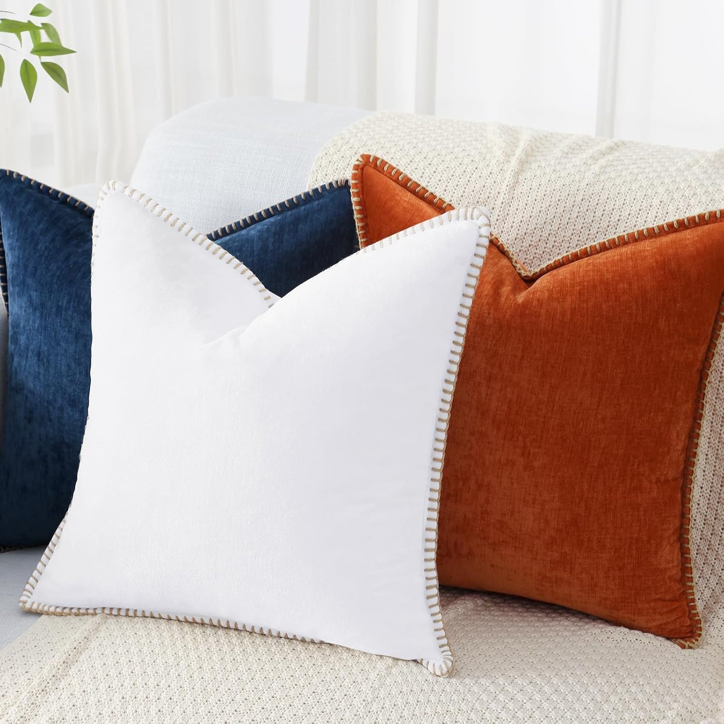 decorUhome Chenille Soft Throw Pillow Covers 16x16 Set of 2, Farmhouse Velvet Neutral Decorative Euro Pillow Covers with Stitched Edge for Couch Sofa Bed Home Decor, White