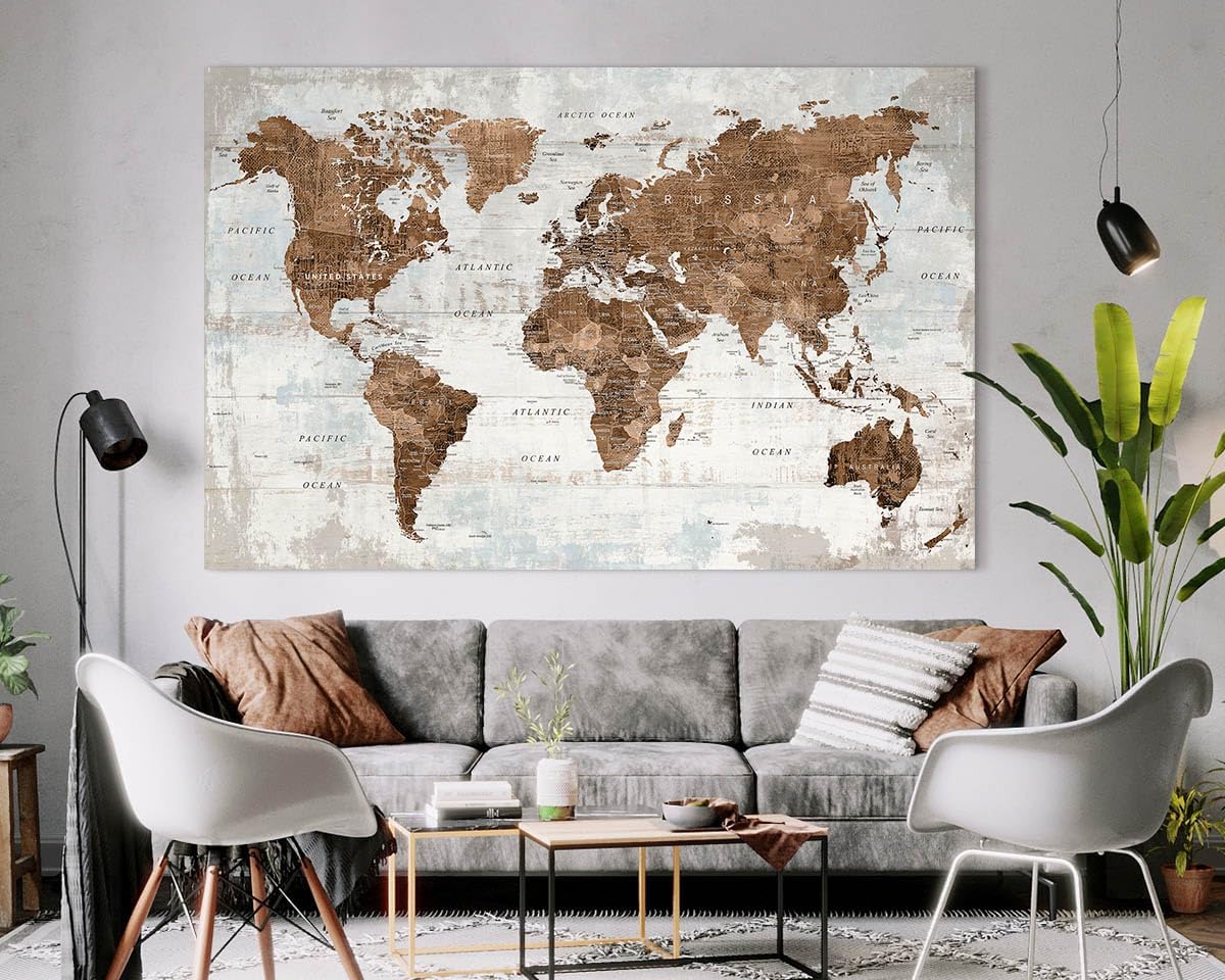 Pictures for Living Room Wall Decoration Canvas Large Wall Art Mens Office Brwon Travel Map Decor Tan Artwork