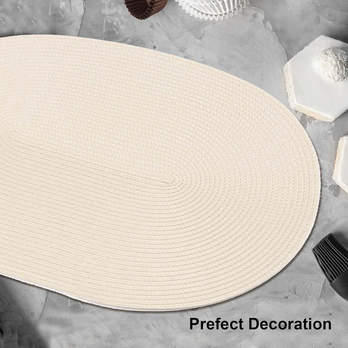 AHHFSMEI Placemats Set of 6 for Dining Table Washable Woven Vinyl Non-Slip 18x12 inches Placemat Heat-Resistant Durable Table Mats for Dining Table Easy to Clean (Oval Beige, 6)
