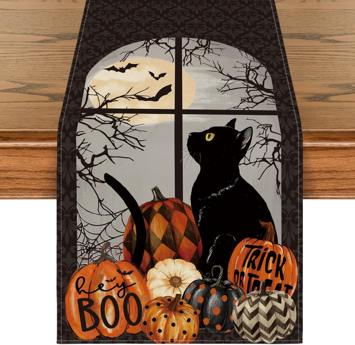Artoid Mode Black Cat Pumpkins Boo Halloween Table Runner, Trick Or Treat Seasonal Kitchen Dining Table Decoration for Home Party Decor 13x90 Inch