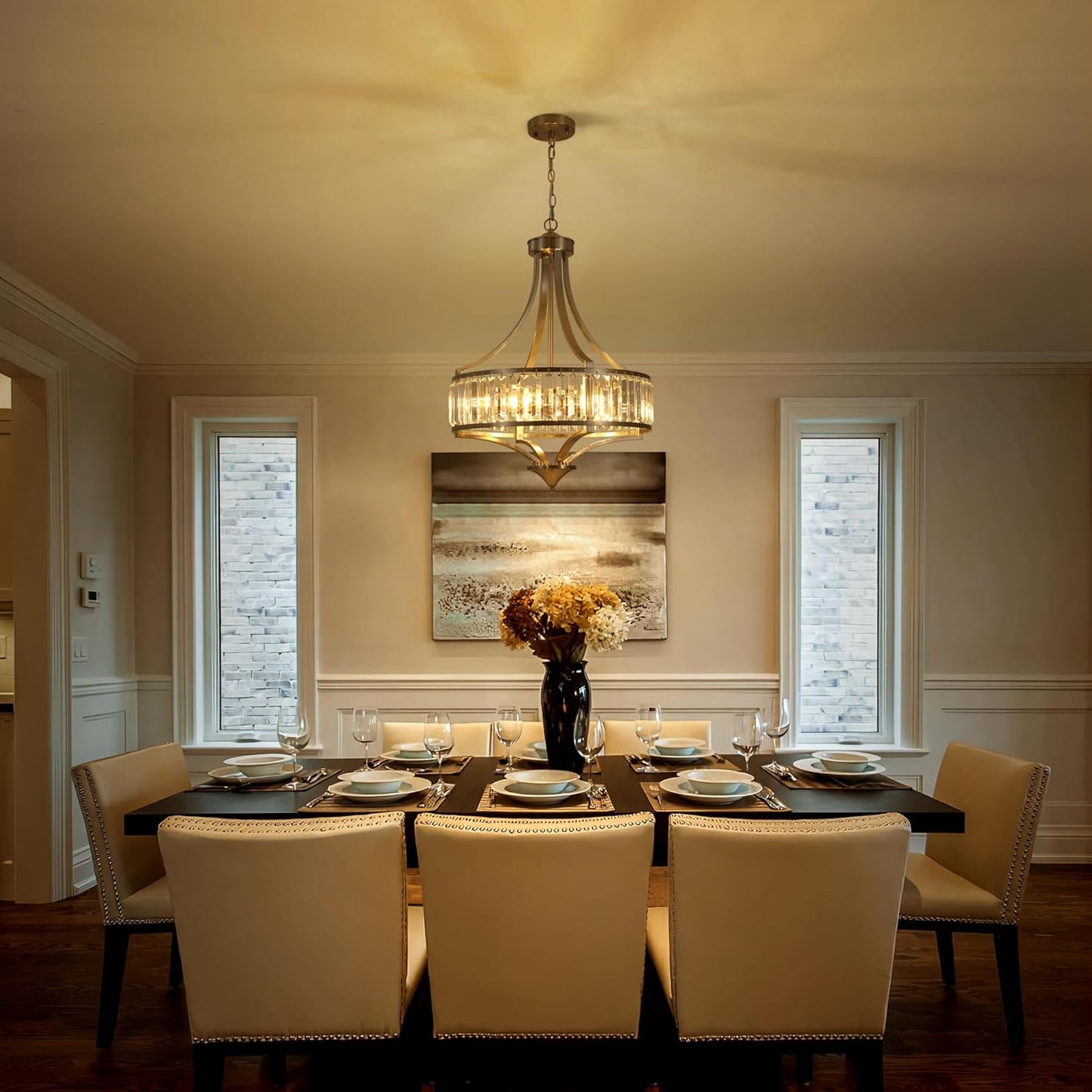 20" Brushed Nickel Chandeliers for Dining Room, 5-Light Modern Crystal Chandelier for Entryway, Hanging Round Light Fixture for Kitchen Island Living Room Bedroom Office Bathroom Staircase