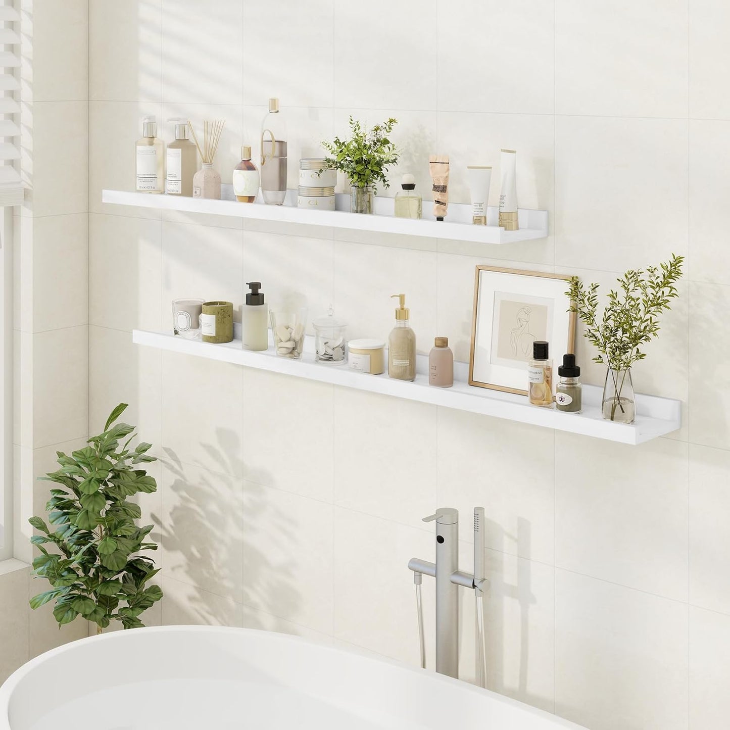 Floating Picture Ledge Shelves 48 Inch Solid Oak Wood Set of 2, Rustic Wall Storage Shelves with Lip, Kids Bookshelf, Photo & Picture Ledge Shelves for Bedroom, Living Room, Kitchen