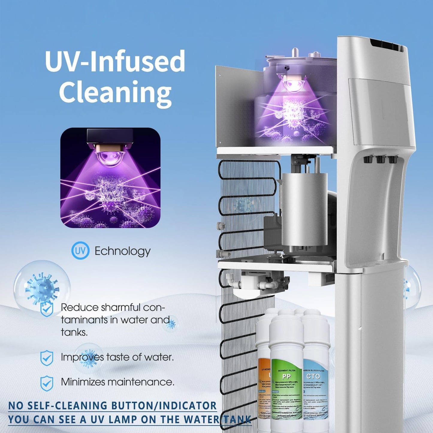 Self Cleaning Bottleless Water Cooler Dispenser with 4 Stage Water Filter 3 Temperature Settings Silver