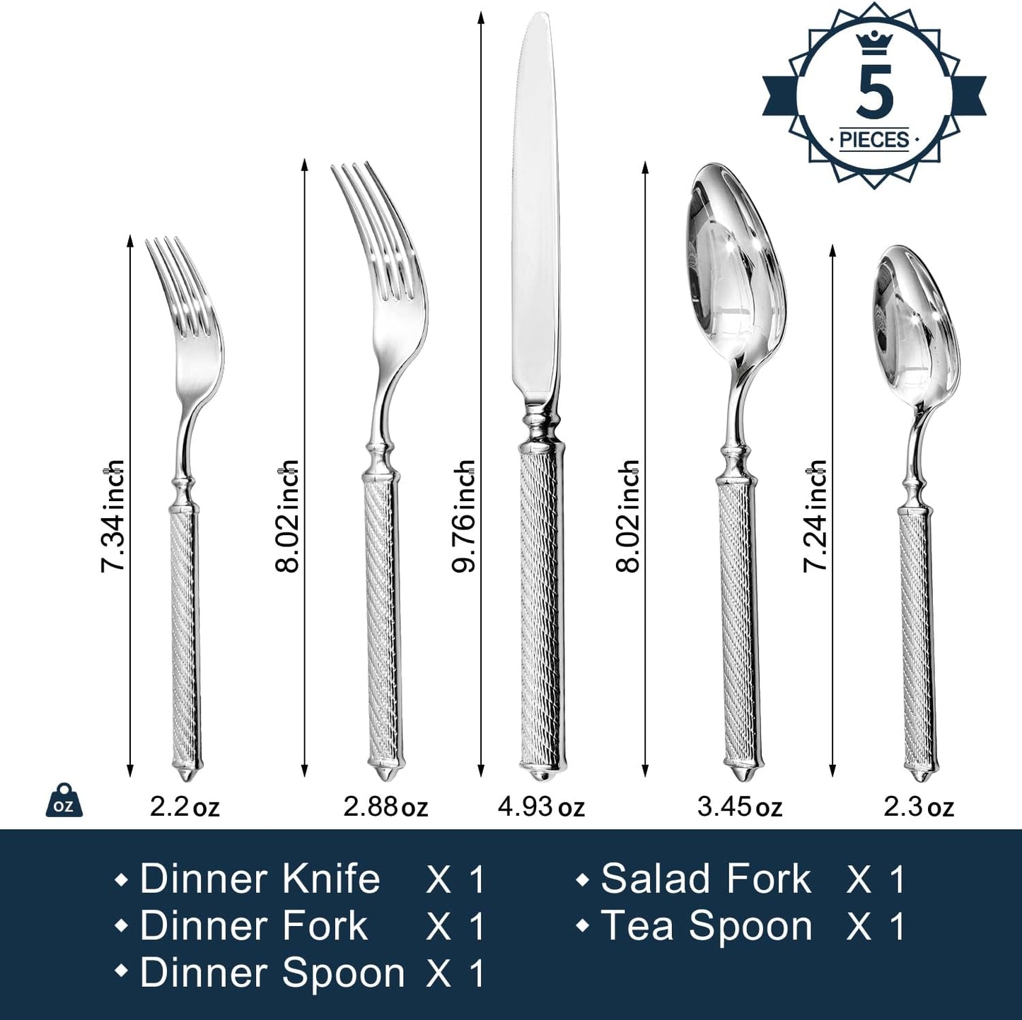 KINGSTONE Retro Rope-Pattern Silverware Set, 5-Piece Flatware Set Cutlery Set Forged with Handcrafted Texture Handles 18/10 Stainless Steel, Dishwasher Safe