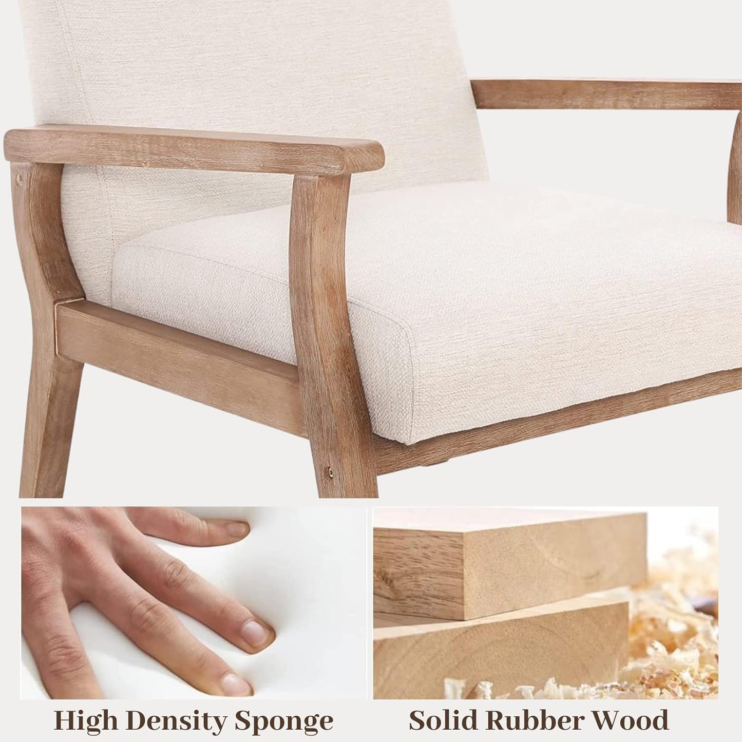 Beige Accent Chair Set of 2 Mid Century Modern Living Room Armchair Wood Sitting Chair Linen Fabric Upholstered Side Chair for Bedroom Cream