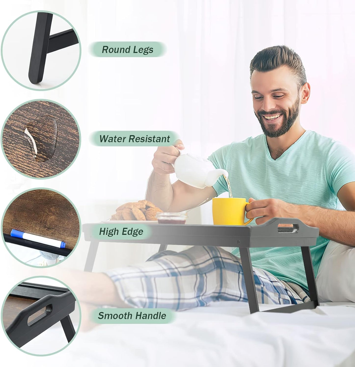 2 Pack Bed Tray Table Breakfast Trays Serving Tray Bamboo Bed Laptap Floding Legs with Handles and Phone Holders