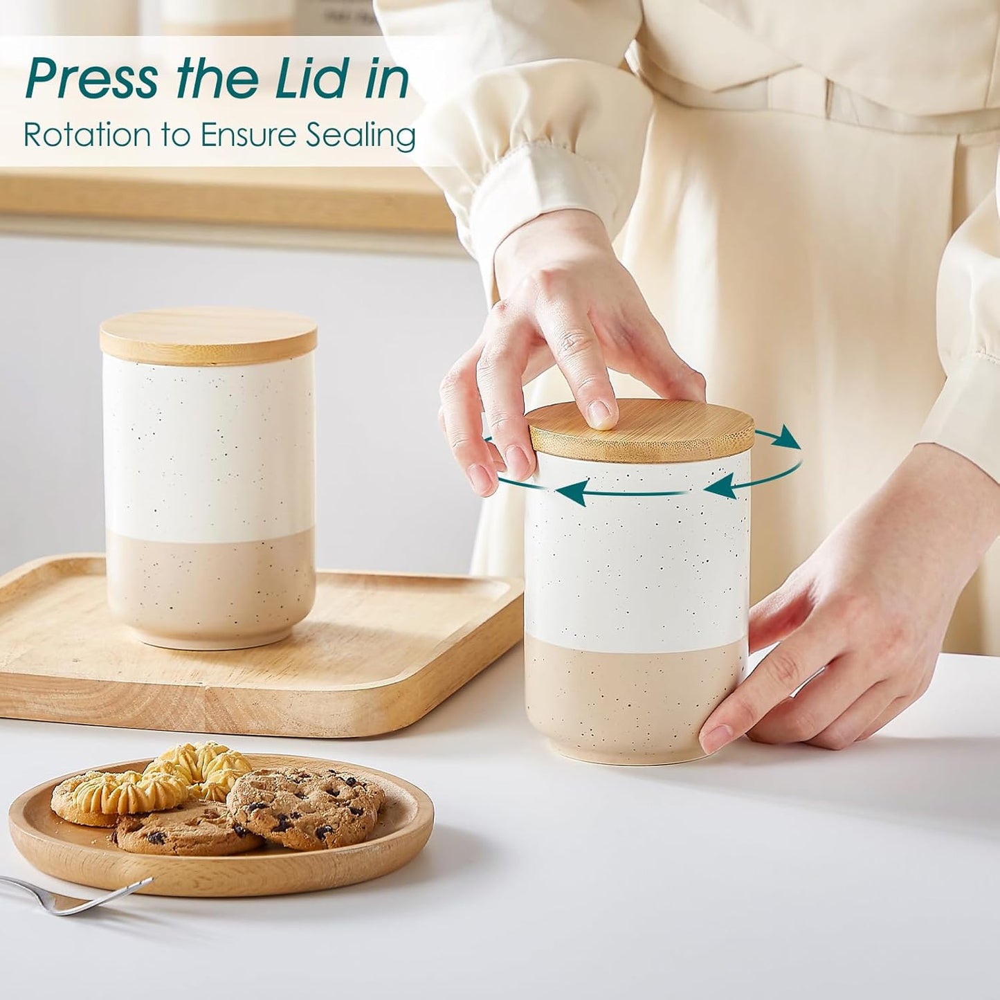 vancasso Sabine Ceramic Canister Set with Airtight Wood Lids - 4-Piece Small Kitchen Storage for Coffee, Sugar, Tea & Spices (18 oz Each) - Compact Countertop Jars