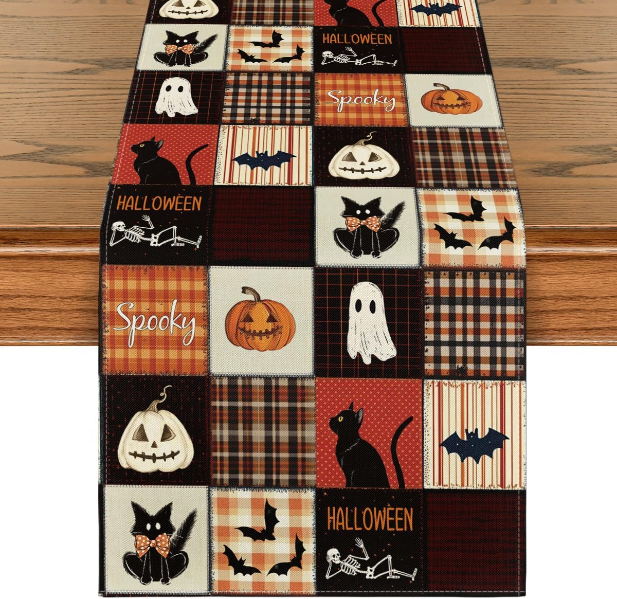 Artoid Mode Black Cat Bat Pumpkin Spooky 210 GSM Halloween Table Runner, Ghost Kitchen Dining Table Decoration for Home Party Decor 13x60 Inch