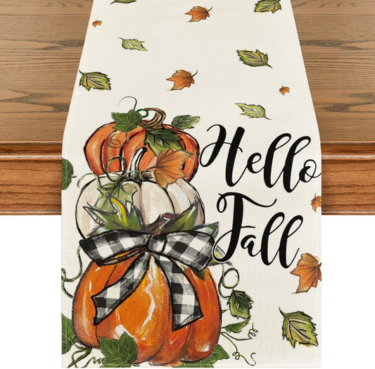 Artoid Mode Pumpkins Bowknot Maple Leaf 210 GSM Fall Table Runner, Seasonal Autumn Kitchen Dining Table Decoration for Home Party Decor 13x72 Inch