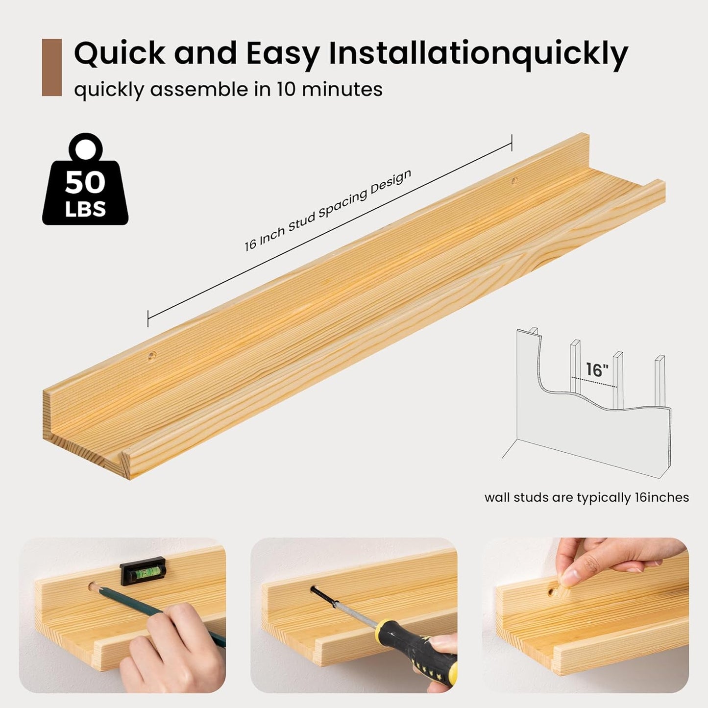 Picture Ledge Shelf, Solid Pine Wood Floating Shelves Set of 2, 24 Inches Nursery Book Shelves for Toys Storage, Kids Bookshelf Wall Mounted for Living Room Bedroom Decor Books Photo Frames, Natural