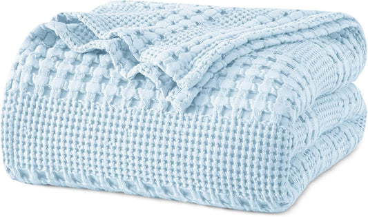 PHF 100% Cotton Waffle Weave Blanket King Size, Soft Lightweight Breathable Cozy Summer Blankets for Bed, Luxury Aesthetic Woven Bedding for Home Decor, 108"x90", Baby Blue