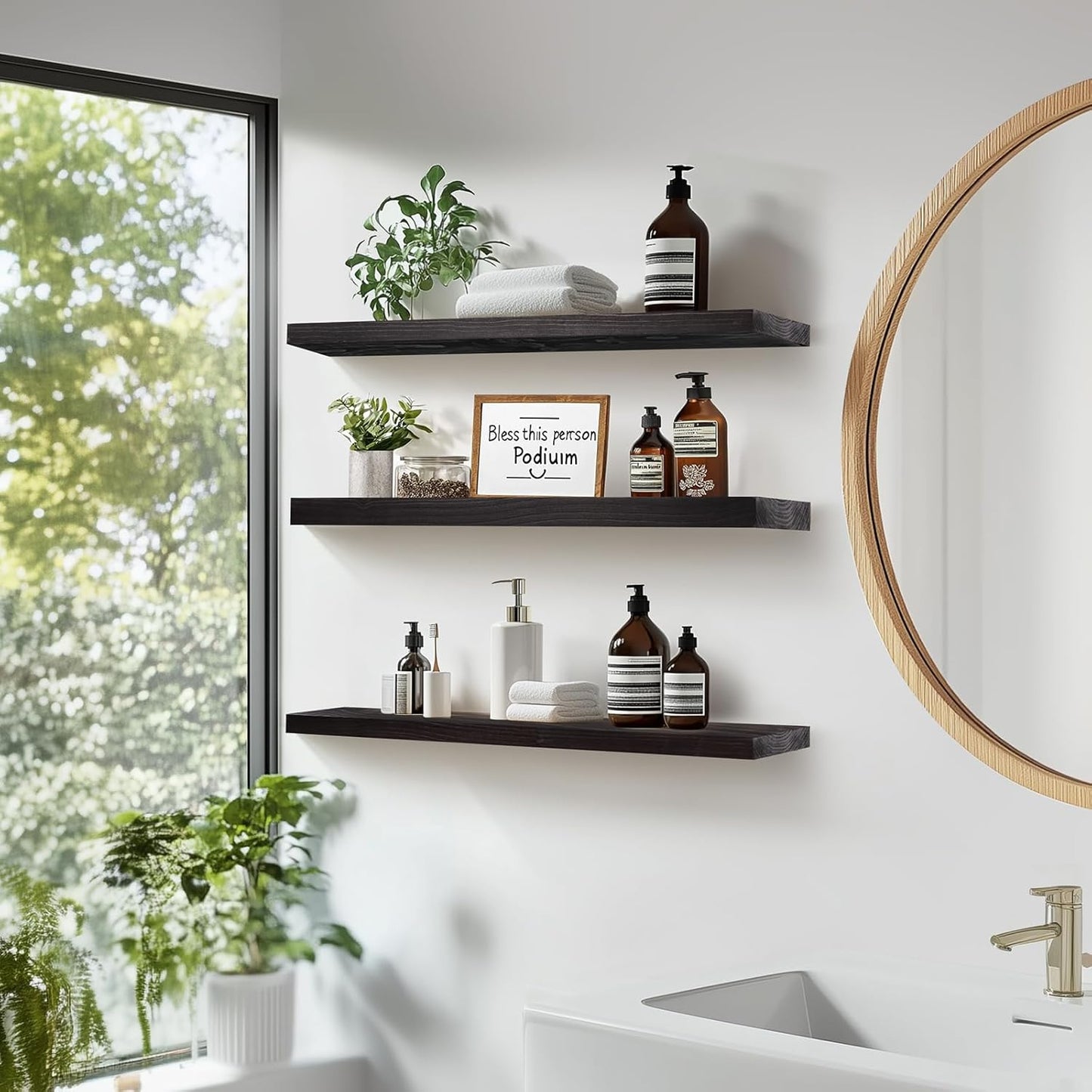 Floating Wall Shelves 3-Pack - 24-Inch Rustic Black Wooden Shelves for Storage and Décor, Easy Installation for Living Room, Bedroom, and Kitchen