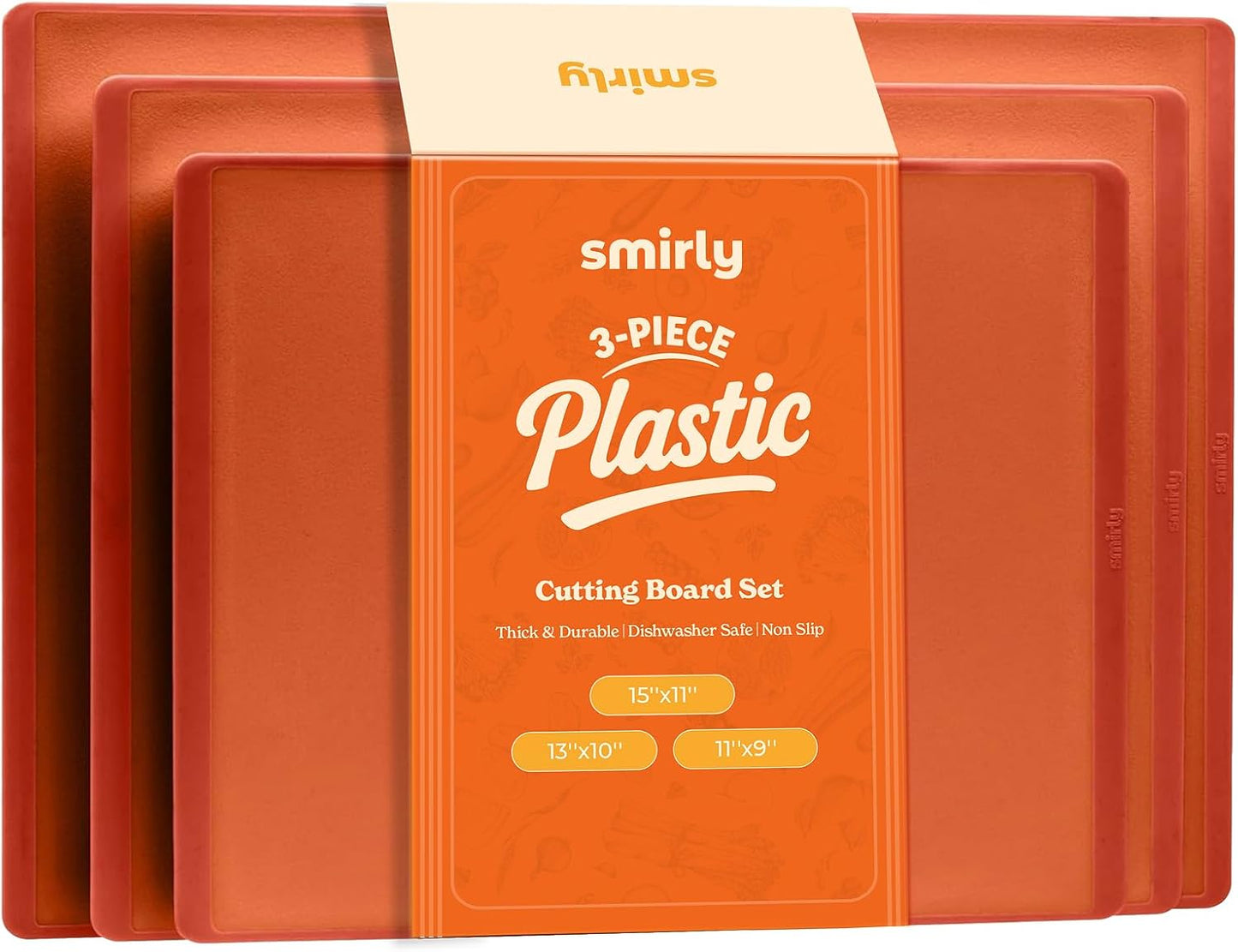 SMIRLY Plastic Cutting Board Set 3 Pieces, Non-Slip Dishwasher Safe Chopping Boards for Kitchen, Orange