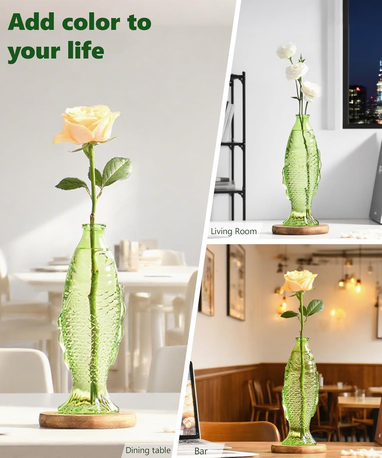 Nacome Fish Vase Glass Plant Terrarium with Wooden Stand,Plant Propagation Station for Home Office Hydroponics Desk Decoration,Unique Gardening Gifts for Plant Lovers Women Mom(Green)