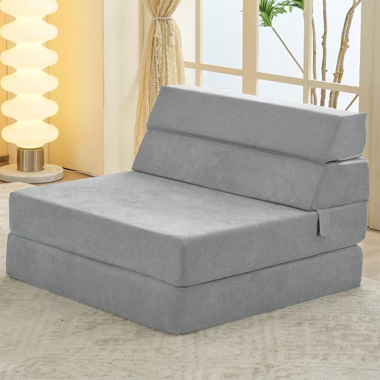 jela Foldable Sofa Bed Soft Foam Convertible Sleeper Chair Luxury Miss Fabric Fold Out Chair Bed Floor Couch with Back Support Floor Sofa for Living Room Bedroom (83"x33",Light Grey)