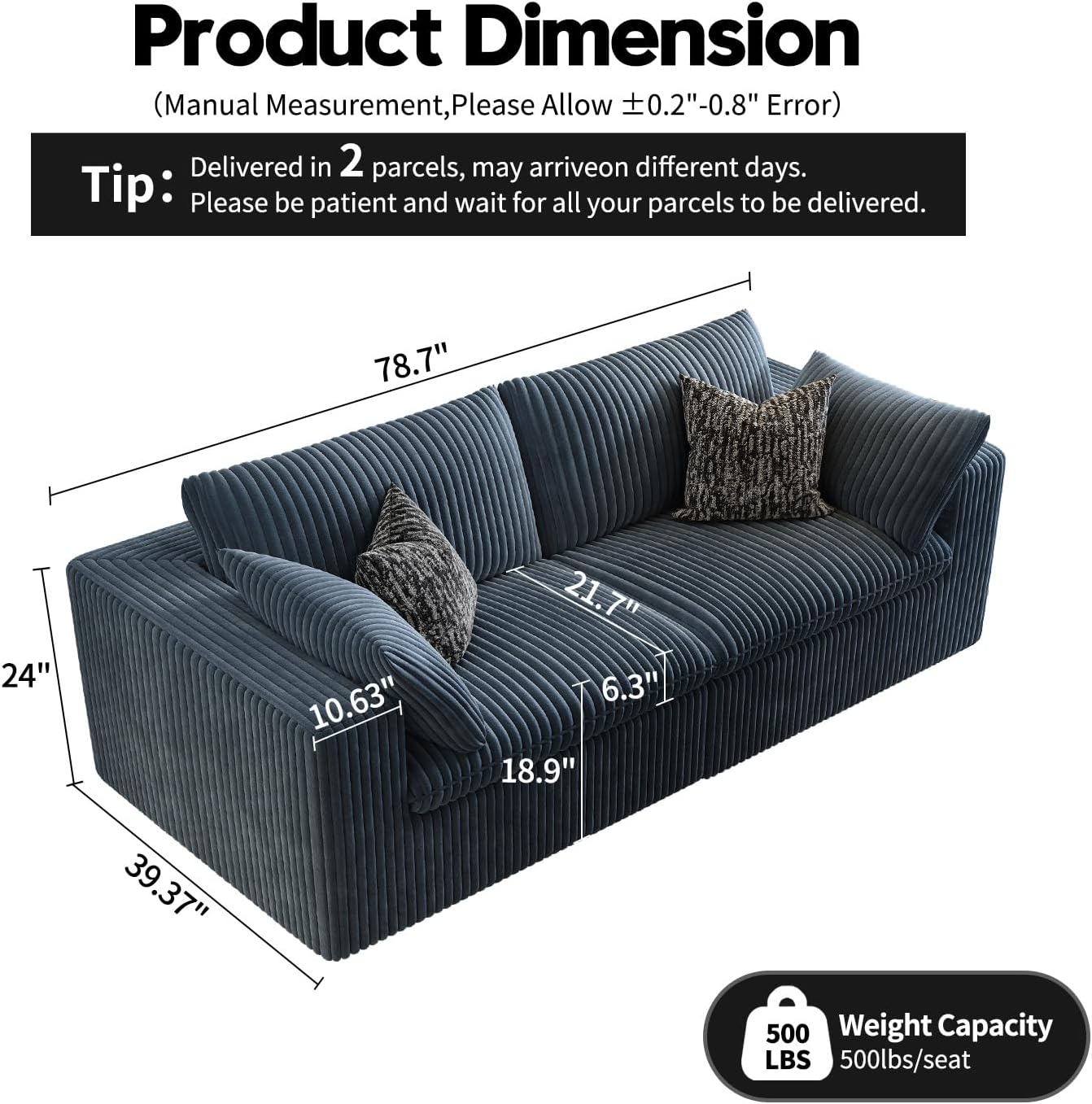 LoveSeat Cloud Couch Modular Sectional Sofa for Living Room,Modern Sofa with Deep Seat，2 Seater Boneless Couch,Comfy Upholstered Corduroy Couches for Apartment, Studio, Office,Bedroom，Blue