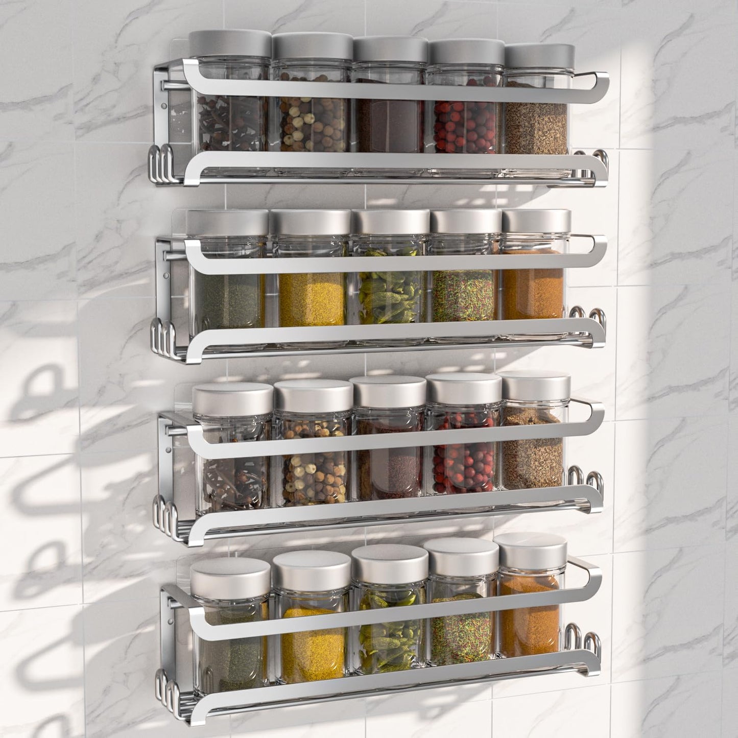 LUCYCAZ 4 Pack Wall Mounted Spice Rack with 16 Hooks, Spice Organizer Shelf for Stove Cabinet Pantry Door,Screw or Adhesive Spice Shelf Hanging Wall Spice Rack in Kitchen and RV (Silver, 4 PACK)