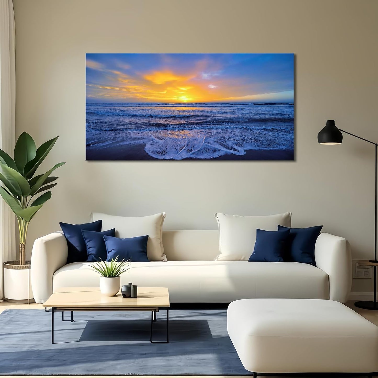 Wall Art Decor Large Sunset Canvas Print Picture Sunrise Ocean Beach Waves Scenery Modern Painting Artwork for Home Office Living Room Bedroom Decoration Framed Ready to Hang, 20x40Inch